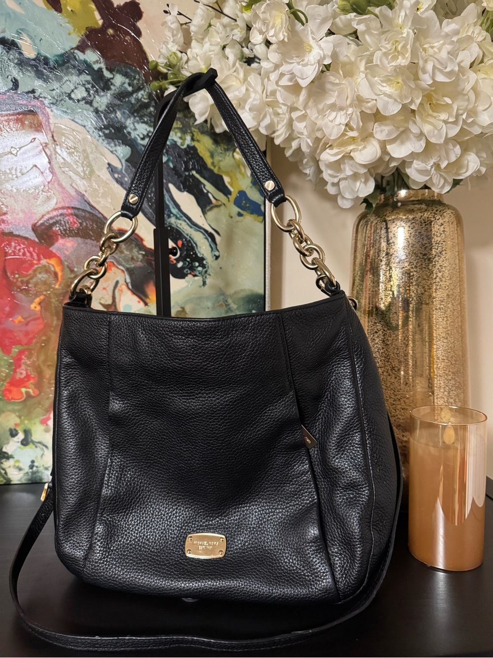 Michael Kors Black Pebbled Leather Hobo Shoulder Bag with Gold Hardware - Picture 4 of 9